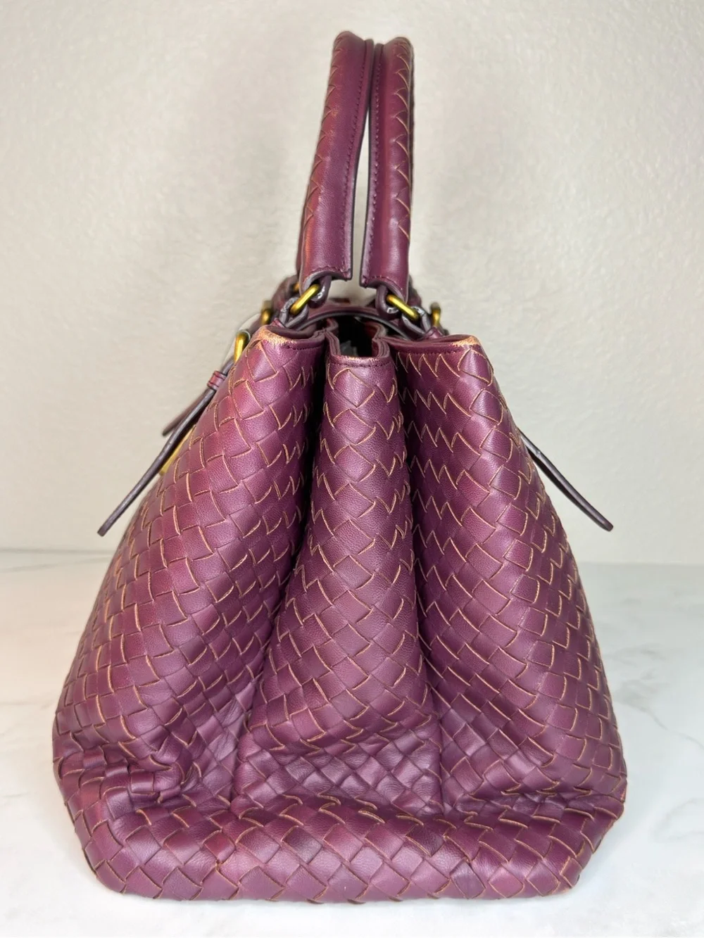 Bottega Veneta Large Roma Intrecciato Gold Wine Burgundy Suede Leather Bag + COA